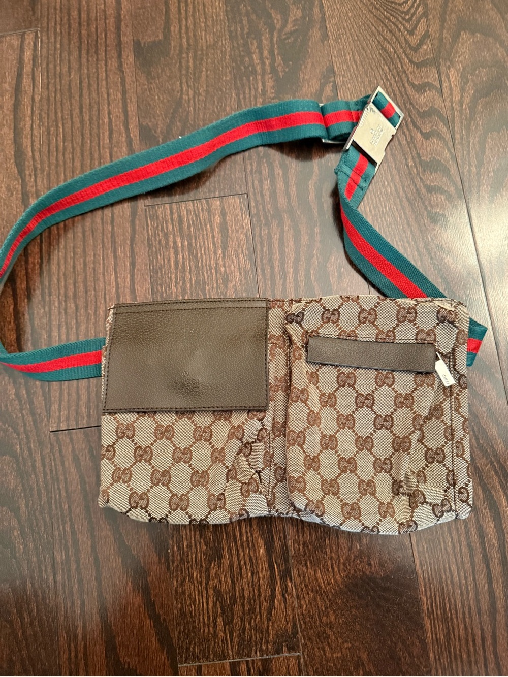 Brown Monogram Canvas Crossbody Waist Bag with Green & Red Strap
